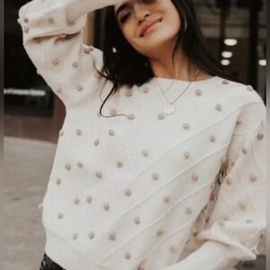 Urban Outfitters Crop Cream Sweater Pom Pom Details Size Medium PTP 21 Length 17